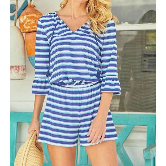 NEW CABANA LIFE delray ruffle sleeve romper in blue stripe - Picture 1 of 3
